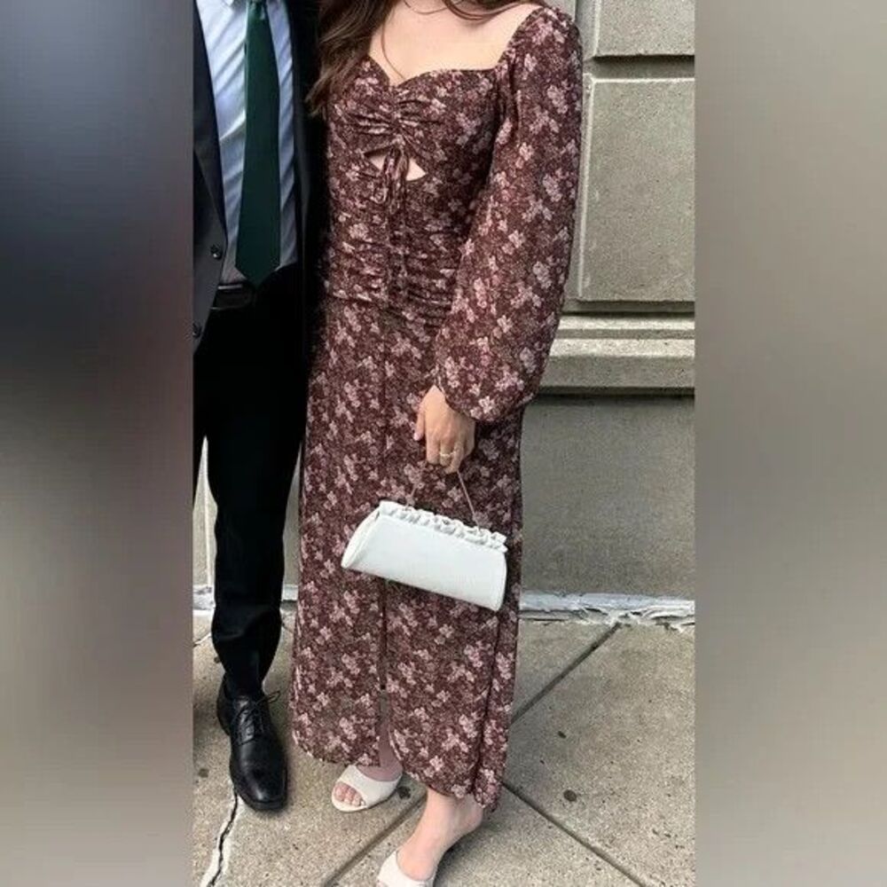 Astr Floral Midi Dress in Brown and Pink - Picture 3 of 14